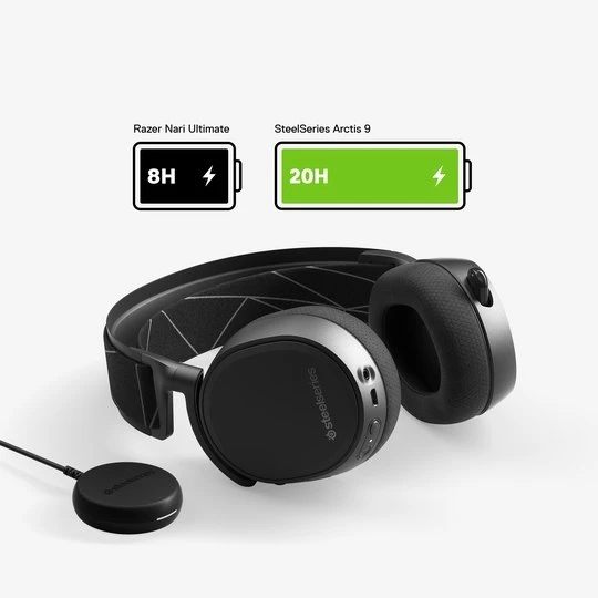 Arctis 9 Battery power highlight. Razer Nari Ultimate, 8 hours. Steelseries Arctis 9, 20 hours.