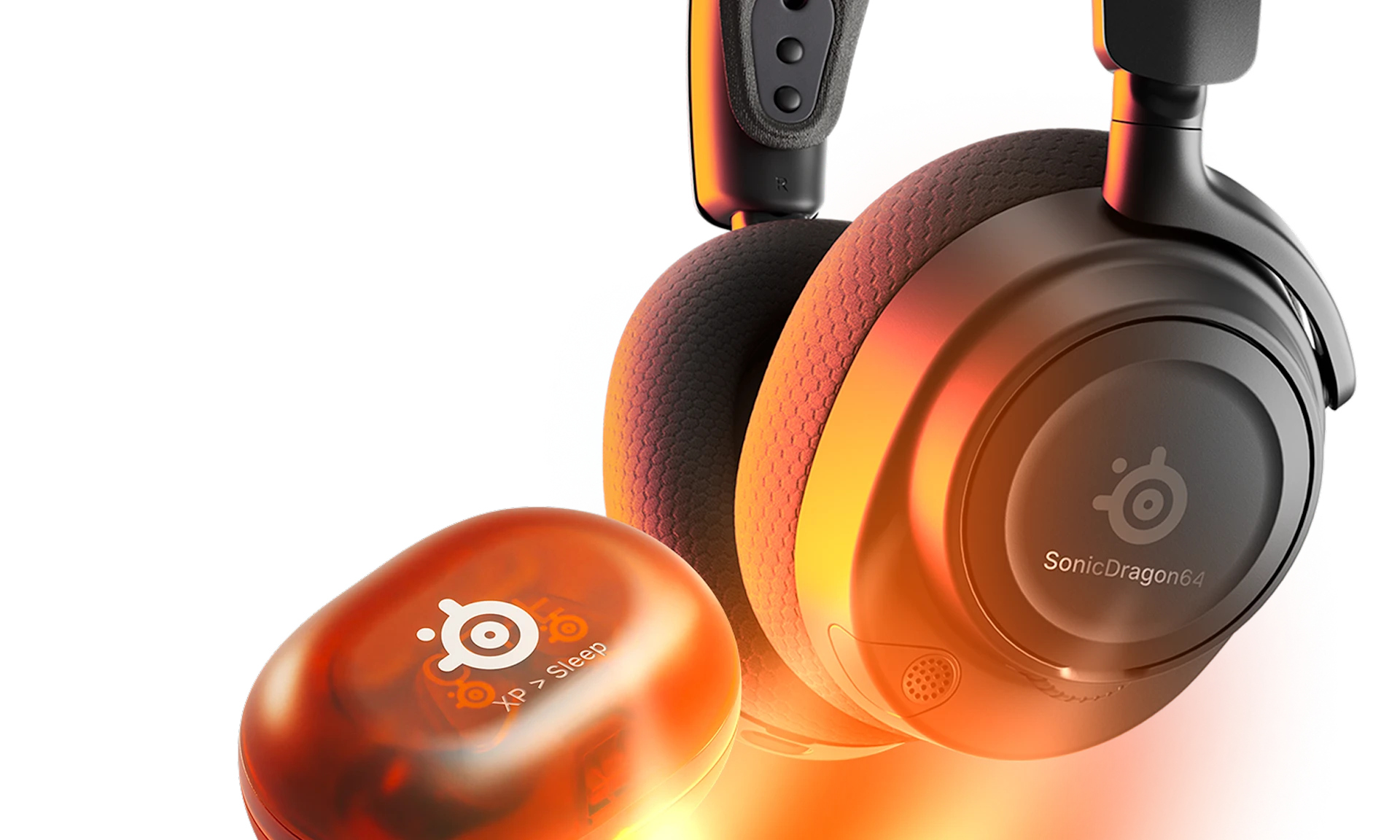 An image of an Arcits Nova headset and Arctis GameBuds engraved and an orange burst of light illuminating it.
