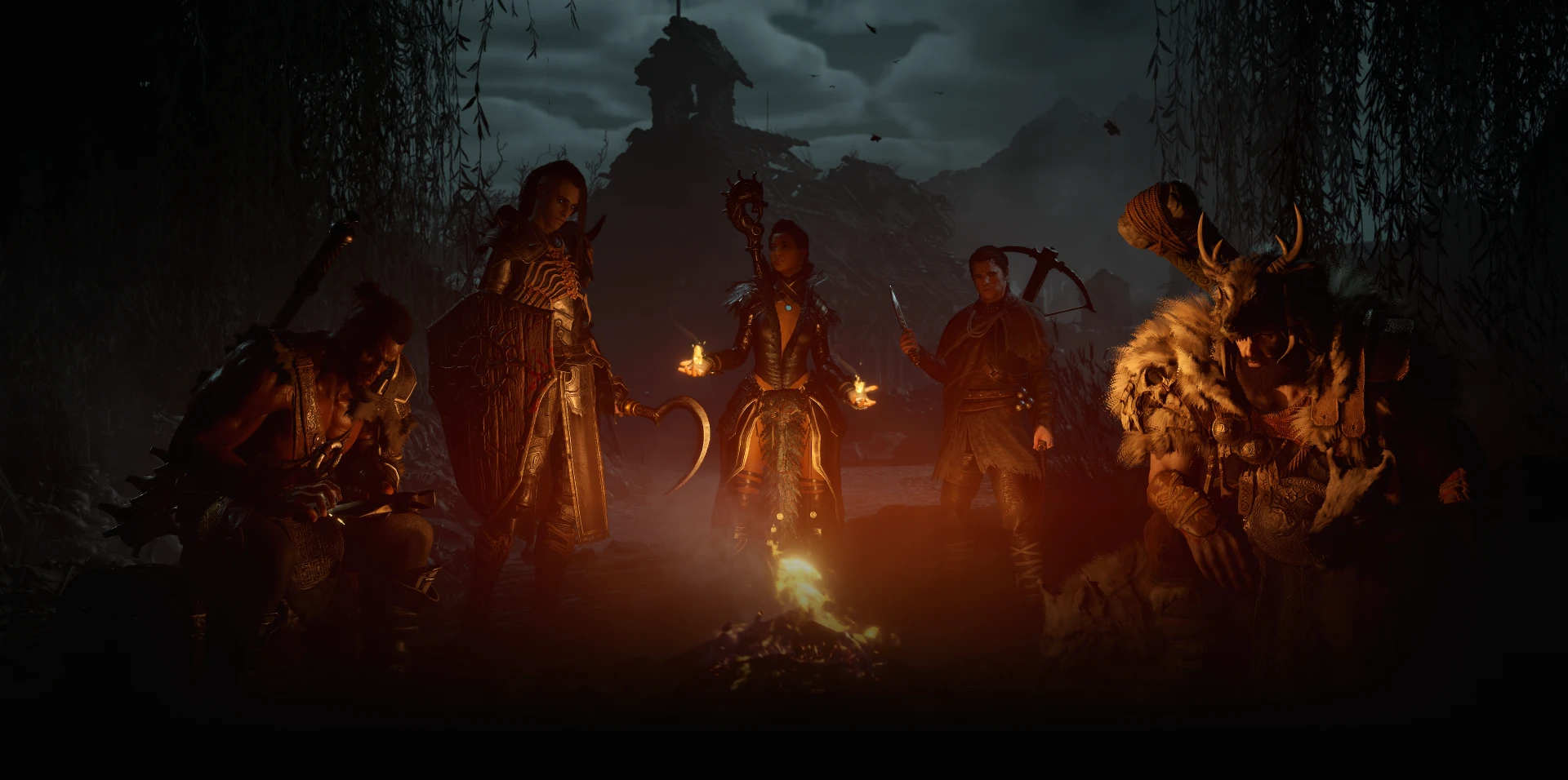 Diablo IV game art featuring various characters crowding a fire at night. 