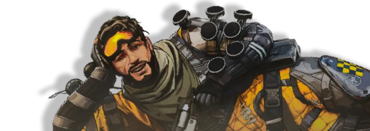 A detailed illustration shows the Apex Legends character Mirage reclining with one hand to his head, wearing goggles and tactical gear with a multi-barreled rocket launcher on his back.