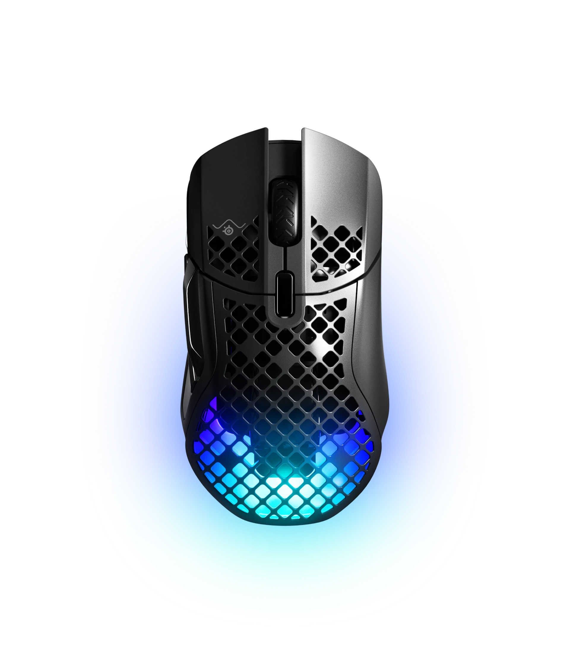 Aerox five wireless mouse in black color, with blueish illumination coming from the inside.