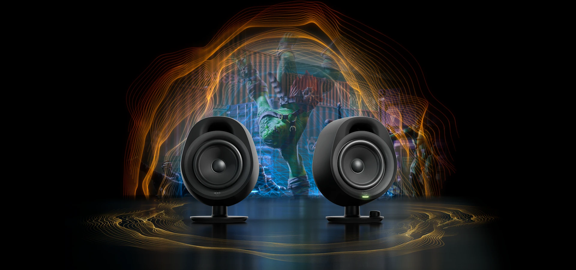 Altavoces Arena 3 rodeados de llamas naranjas