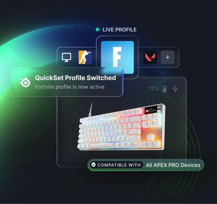 SteelSeries graphic showing "QuickSet Profile Switched" for Fortnite on a white Apex Pro keyboard. Includes game icons for CS:GO and Valorant, highlighting "All Apex Pro Devices."