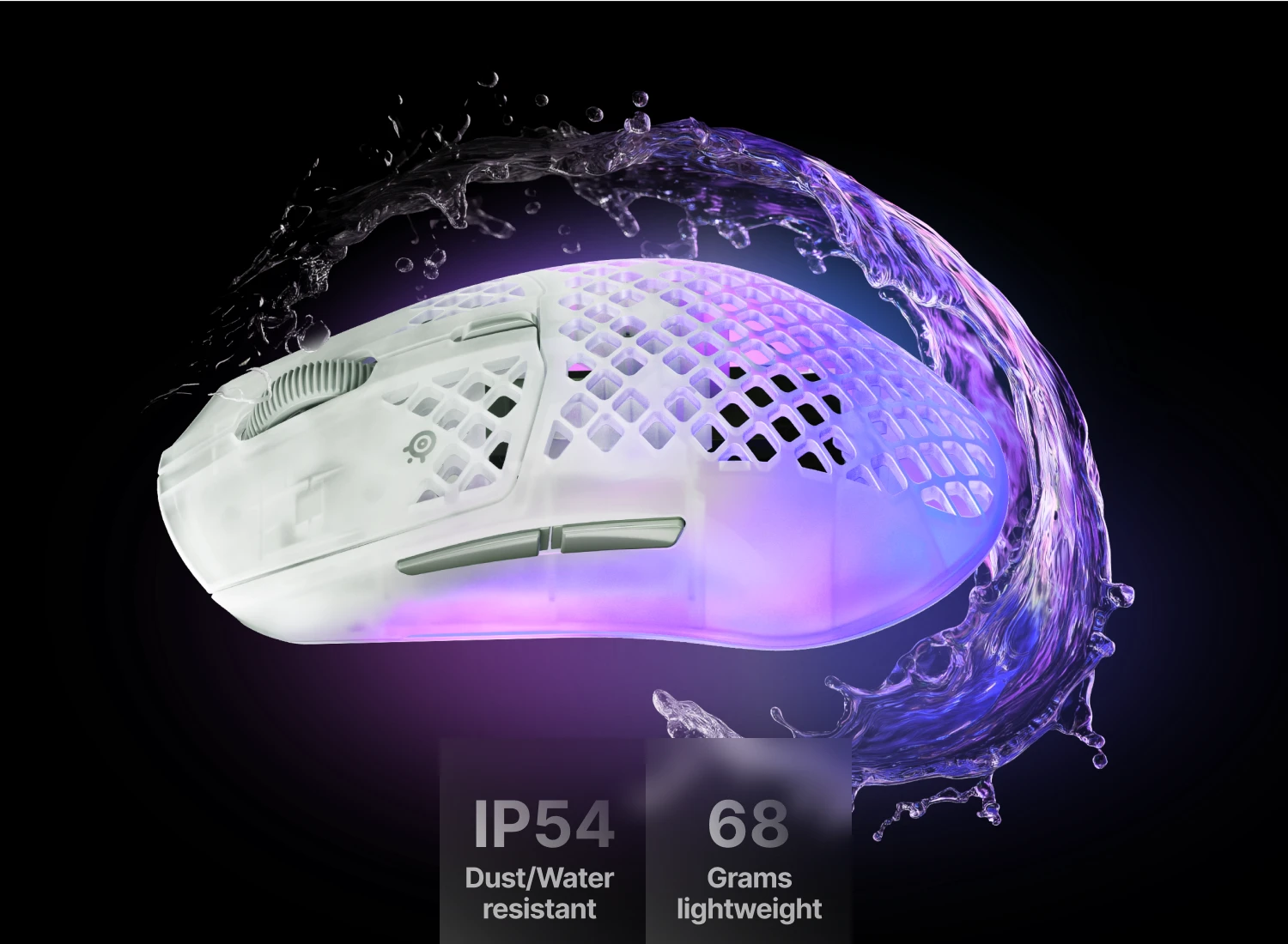 RGB‑lit honeycomb gaming mouse with water splash, highlighting IP54 and 68 g weight.