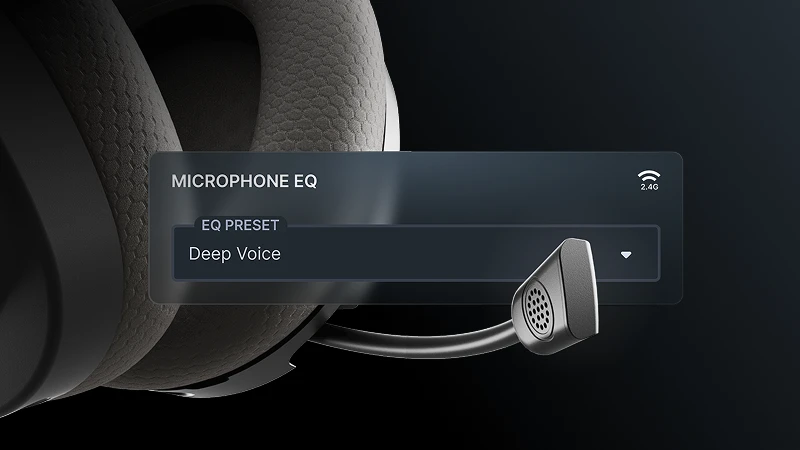 A close-up of a headset microphone with an on-screen menu showing a selected "Deep Voice" microphone EQ preset.