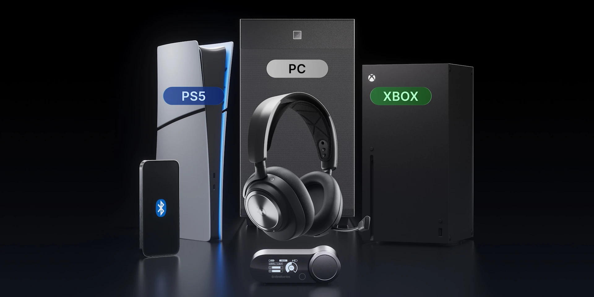 A pair of black arctis nova pro wireless headset accompanied by PS5 anx XBOX console