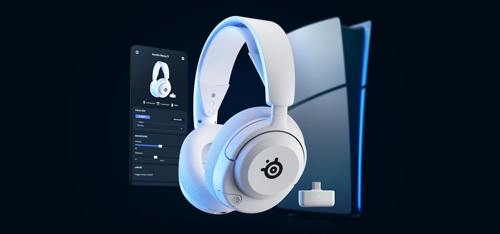 Arctis Nova 5 White para PlayStation, acompañado de un dispositivo móvil con la aplicación Arctis Companion mostrada en él.
