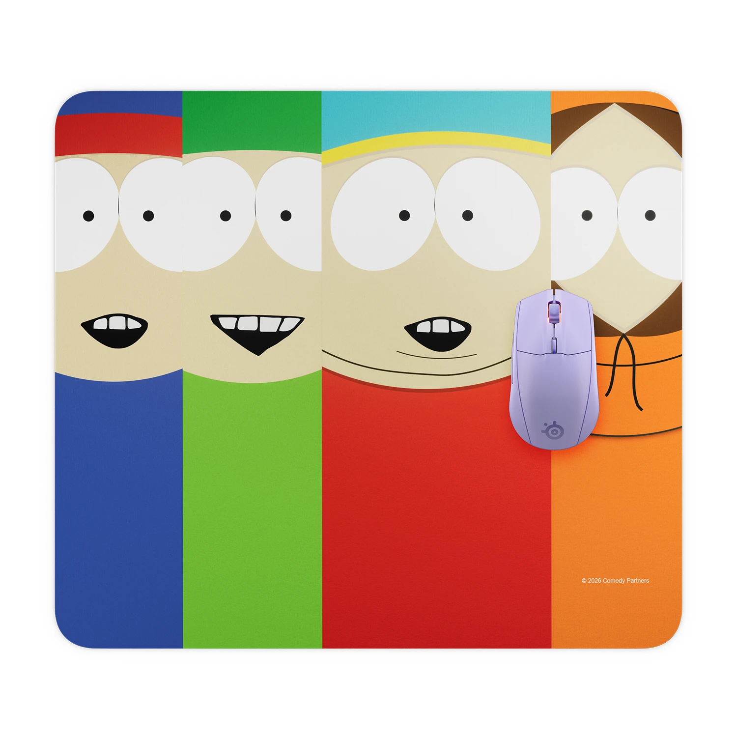 Top-down view of the colorful SteelSeries South Park edition QcK cloth gaming mousepad featuring close-up graphics of Stan, Kyle, Cartman, and Kenny, with a purple wireless gaming mouse resting on it.