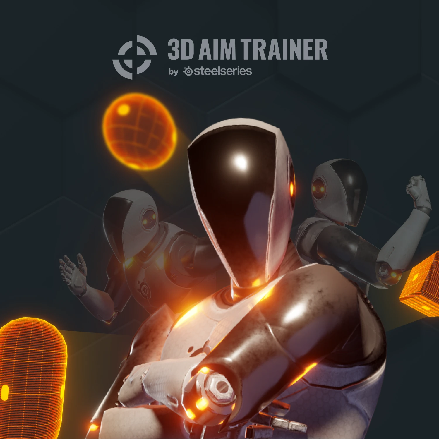 Karanlık altıgen bir arenada parlak turuncu vurgularla donatılmış fütüristik eğitim robotları.