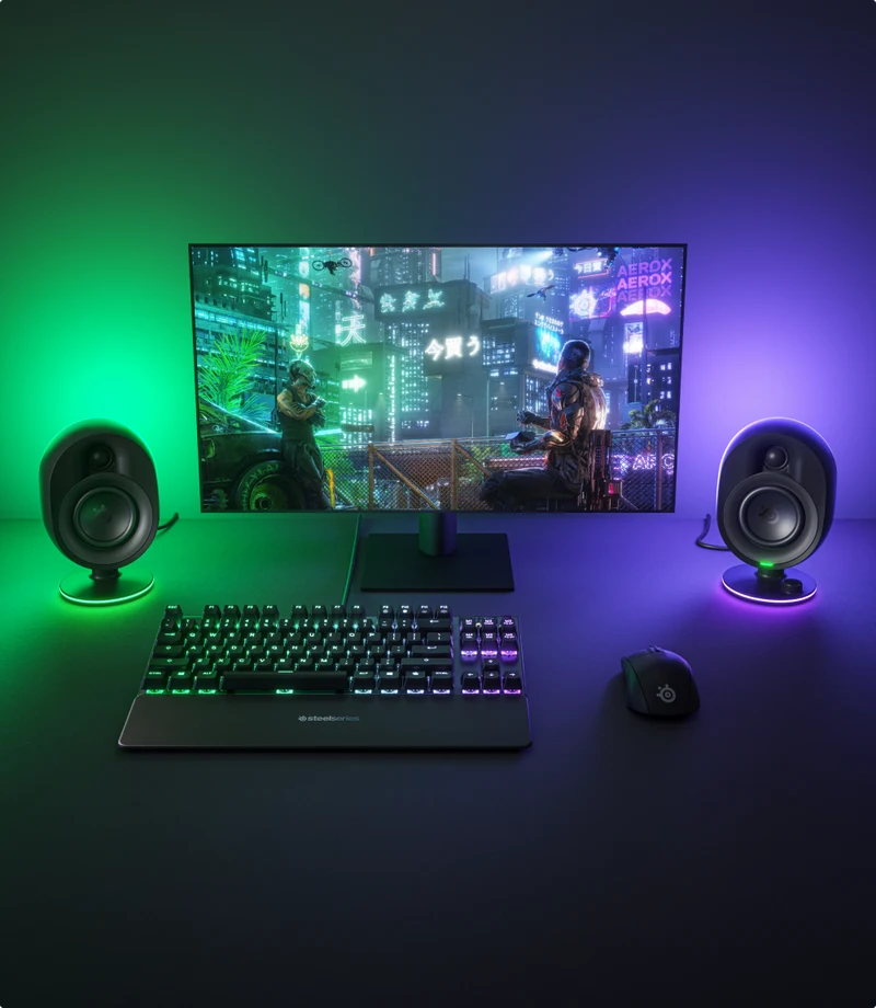 Instalación de juego iluminada con luz azul y verde
