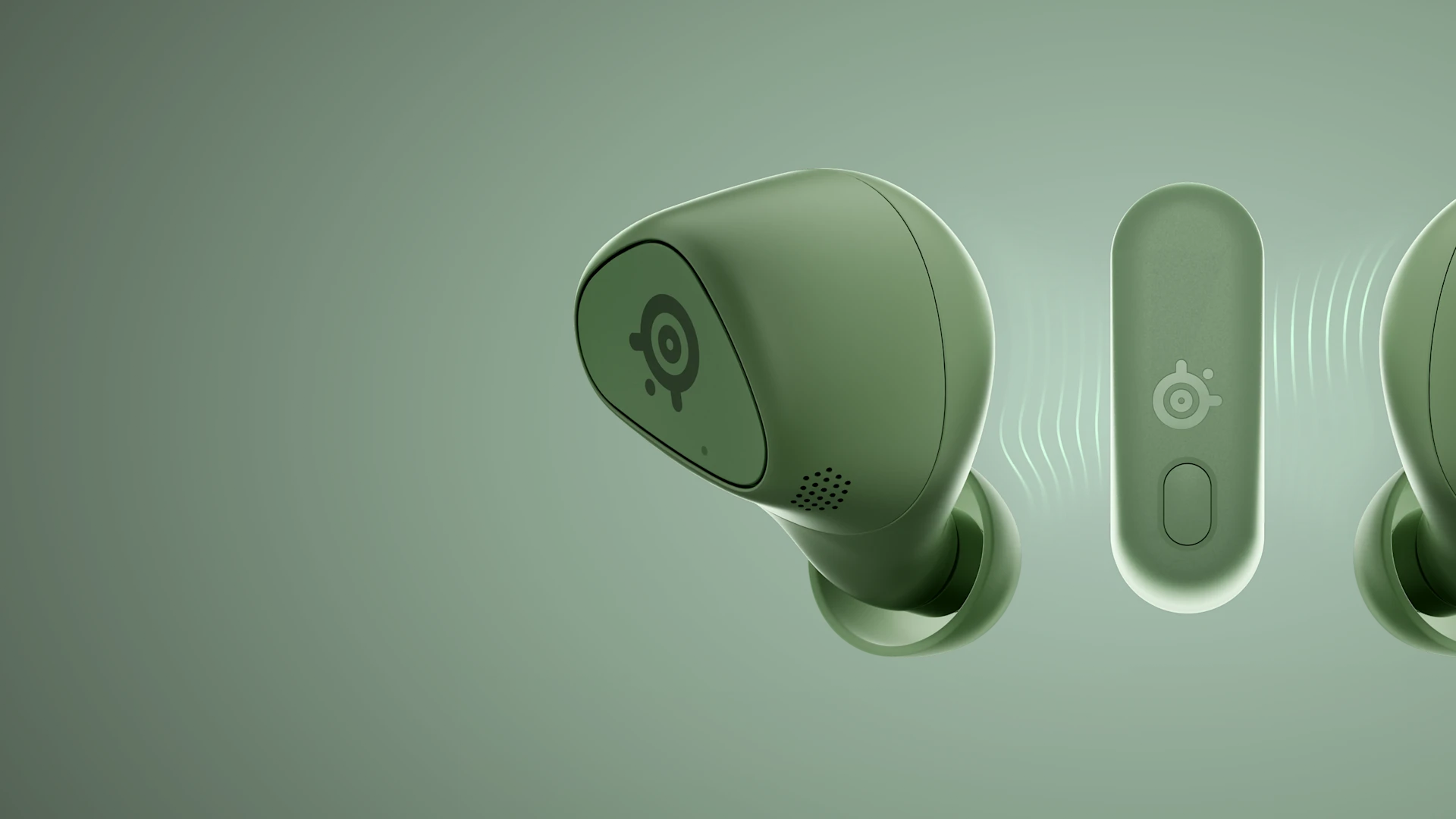 SteelSeries Arctis GameBuds in matcha green showing wireless earbud and USB-C transmitter for Xbox.