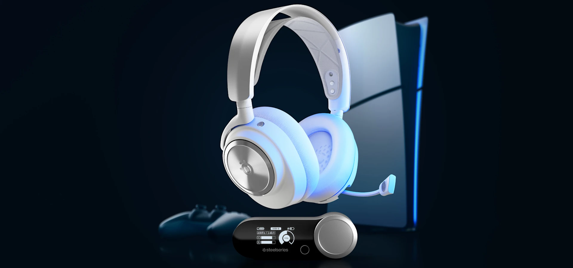青と黒の背景に置かれた白いArctis Nova Proワイヤレスヘッドセット一組と、PS5コンソールが添えられている。