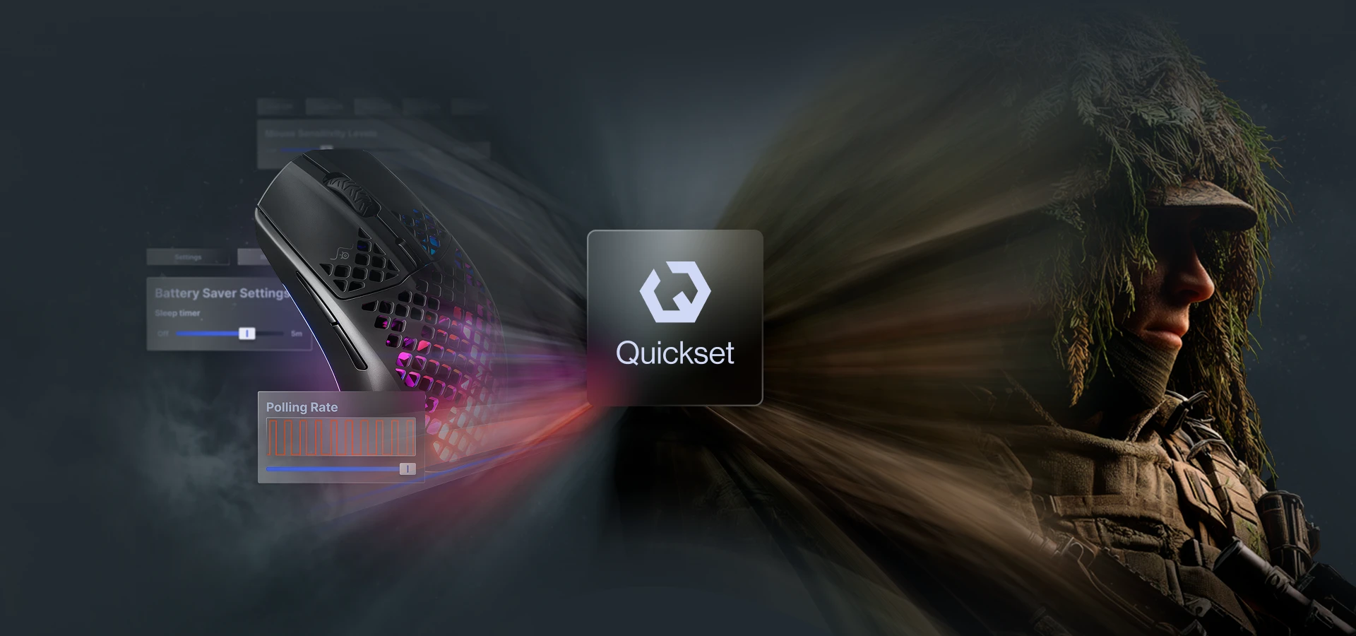 Mouse e soldato, entrambi sfocati con il logo Quickset al centro.