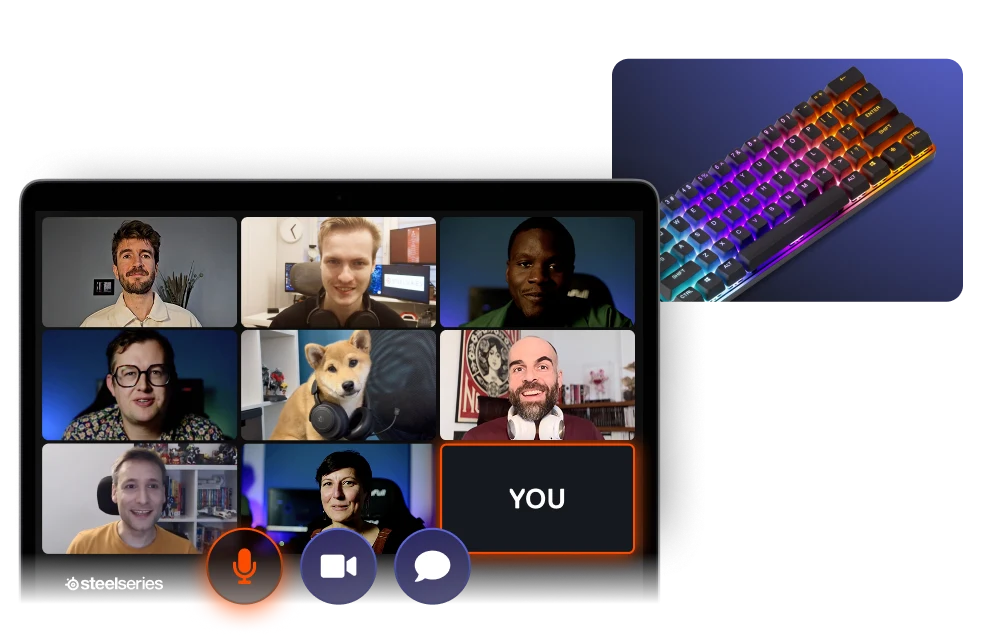 Imagen de personas en una llamada de voz en equipo y un teclado en la parte superior derecha.