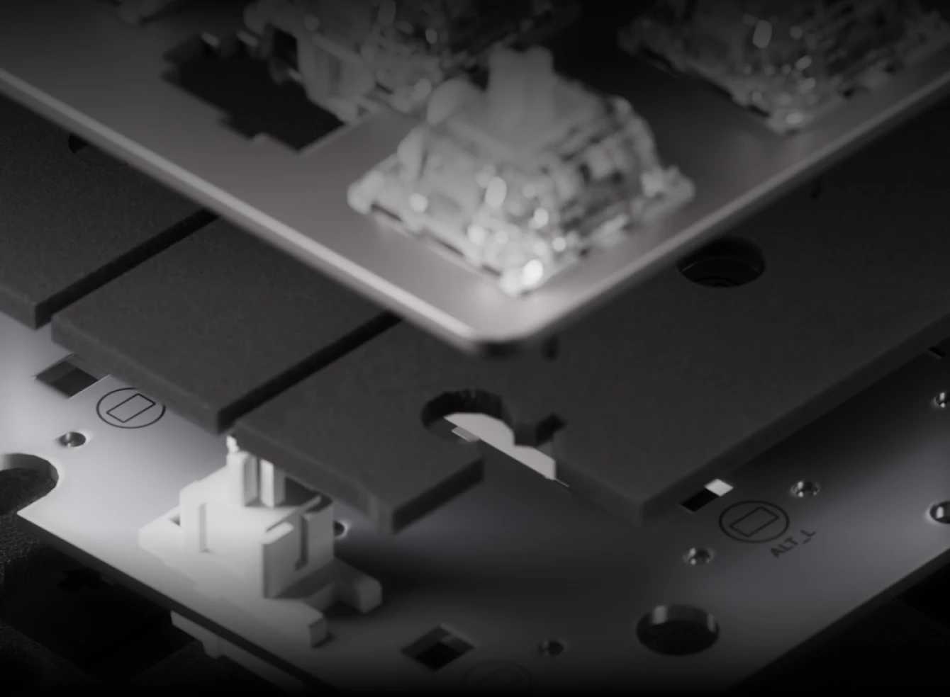 Detailed shot of the durable aluminum top plate and custom switches of the Apex Pro Gen 3.