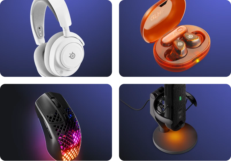 Imagen de cuatro productos de SteelSeries: Arctis Nova 7 White, Arctis Gamebuds Glowrange, Aerox 3 y Alias Pro.