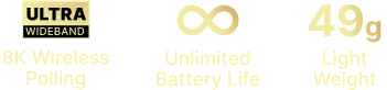 Ultra Wideband 8K Wireless Polling, infinity symbol for Unlimited Battery Life, and 49g Light Weight feature badge.