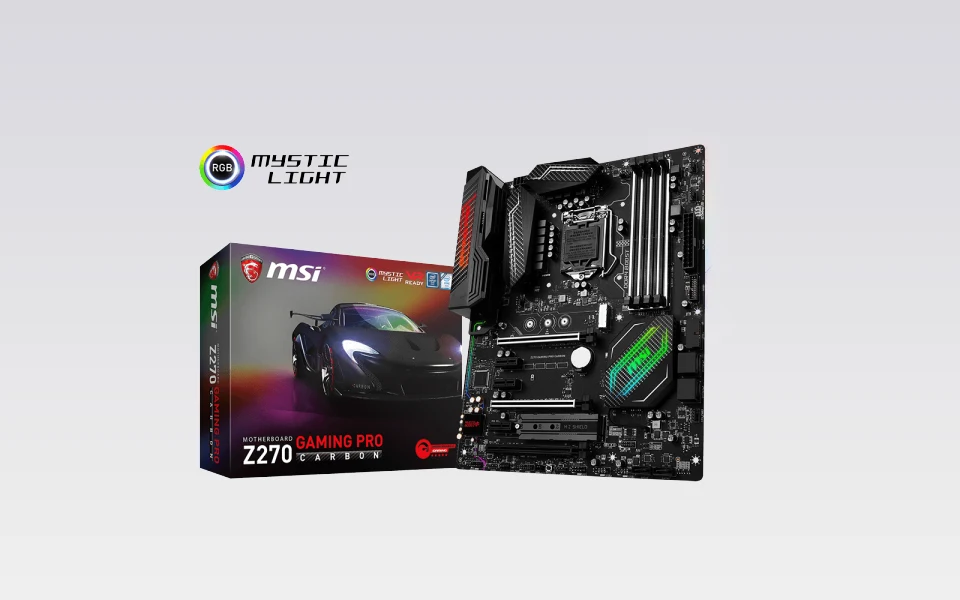 An MSI Z270 Gaming Pro Carbon motherboard with RGB lighting is shown next to its packaging, which features a sleek sports car.