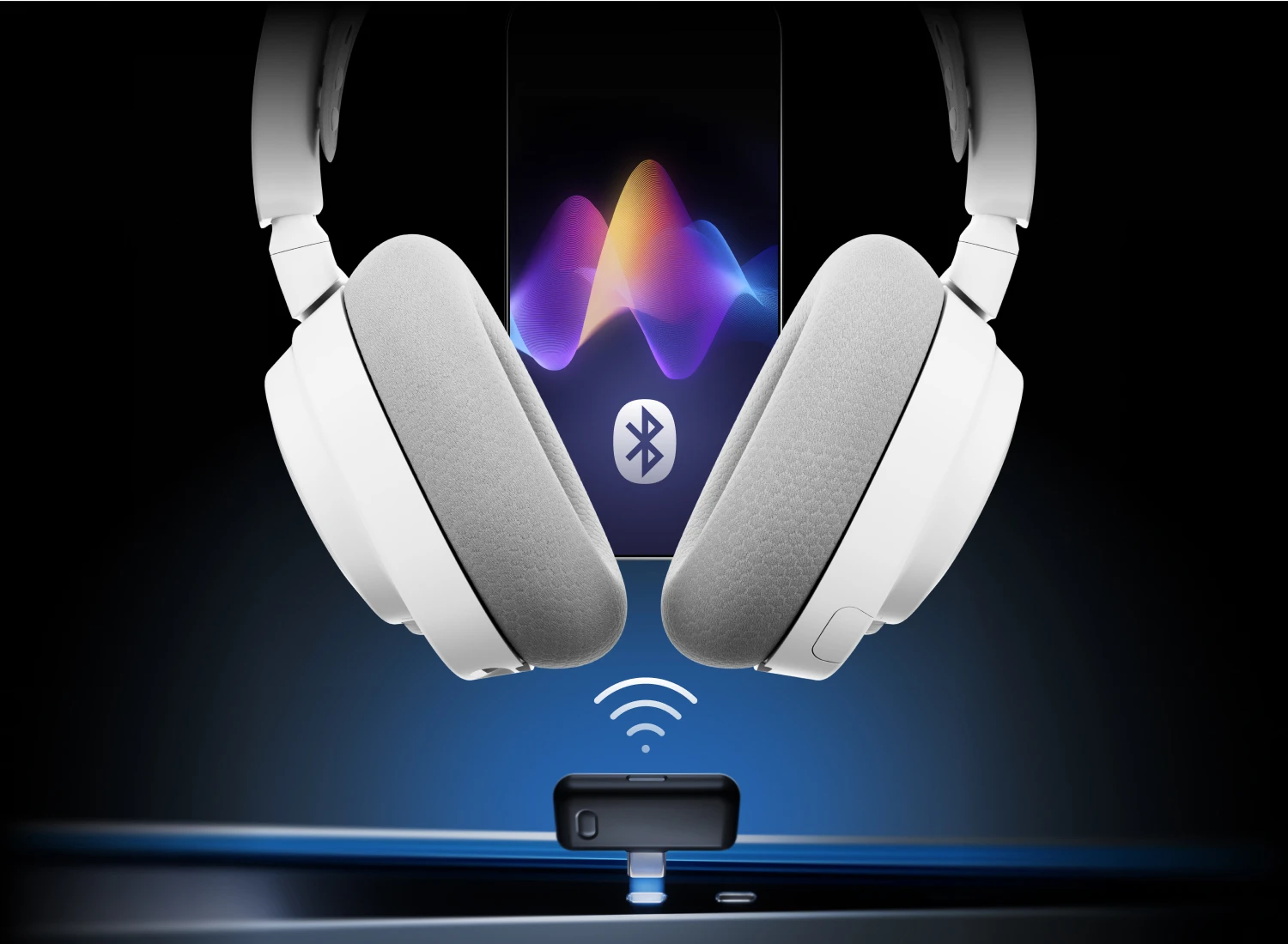 beyaz arctis nova 7 gen 2 bir dongle üzerinde süpürme