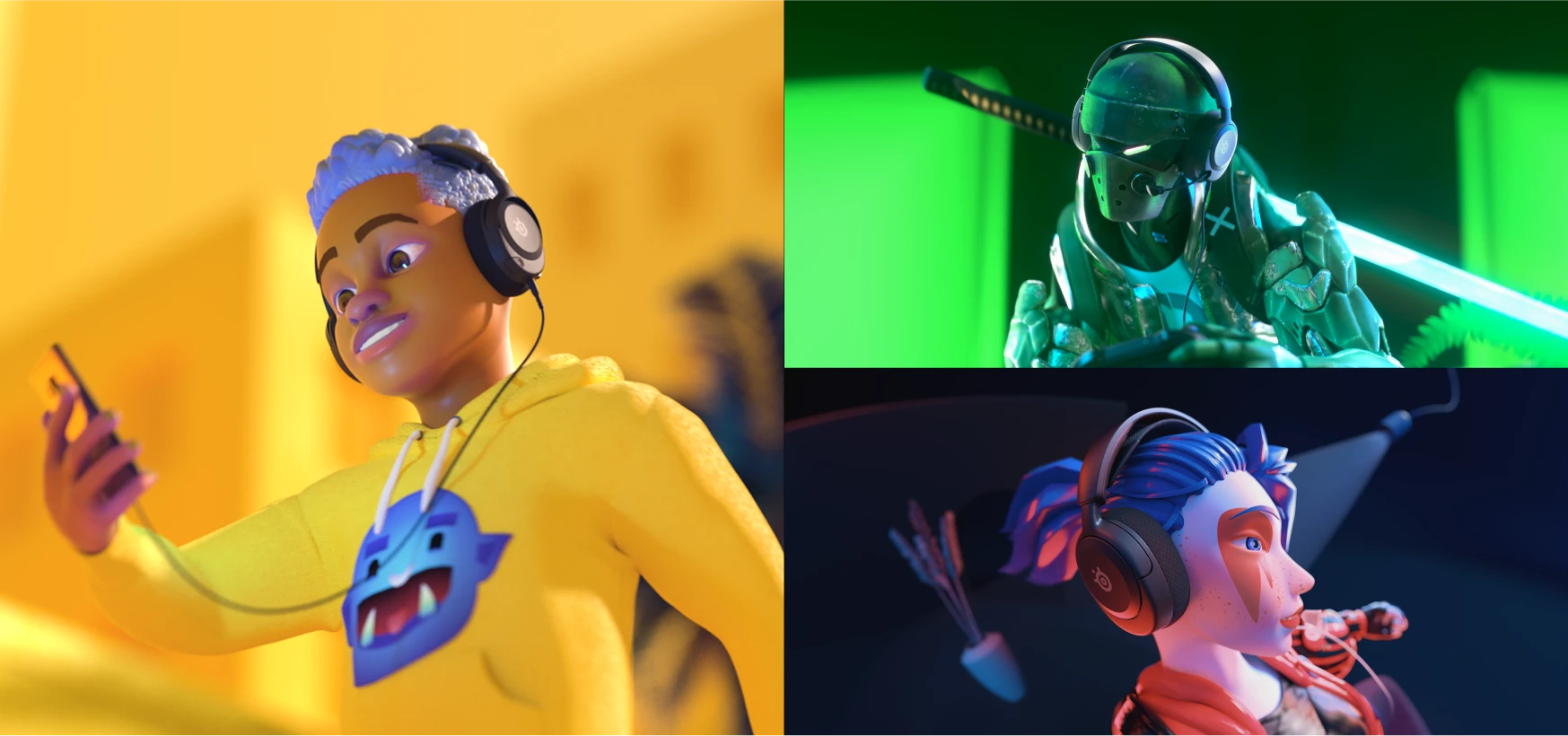 An Image of 3 fictionnal characters wearing an Arctis Nova 1 headset and using it on different platforms.