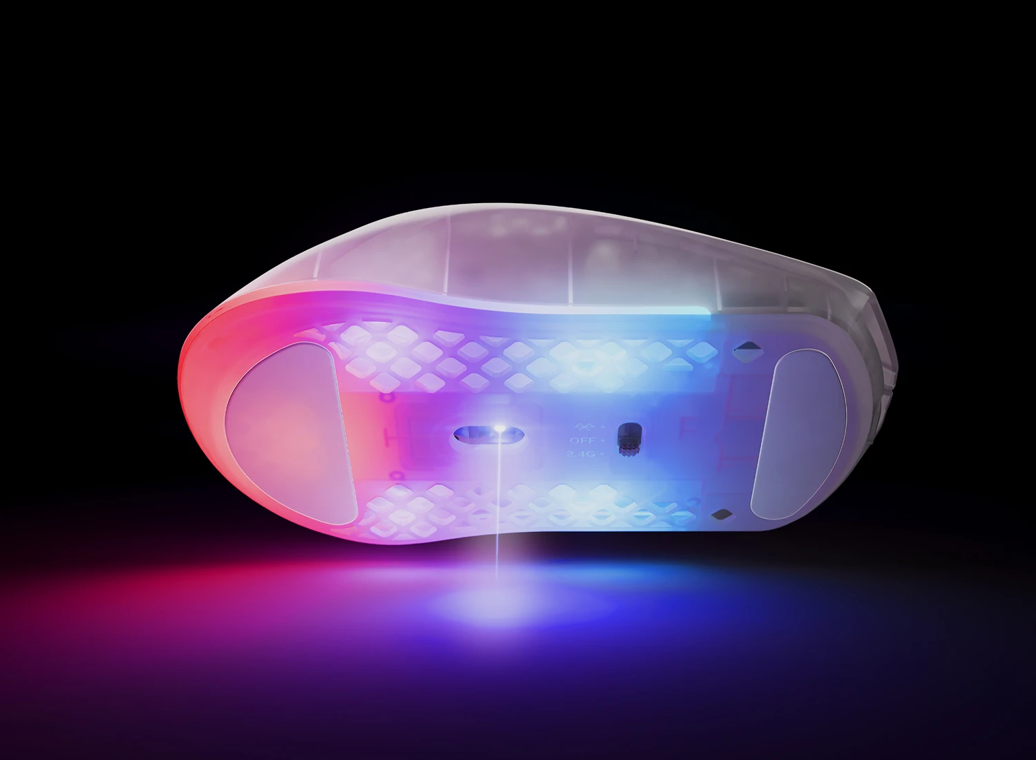 Bottom of RGB mouse emitting laser beam onto surface in pink and blue lighting.