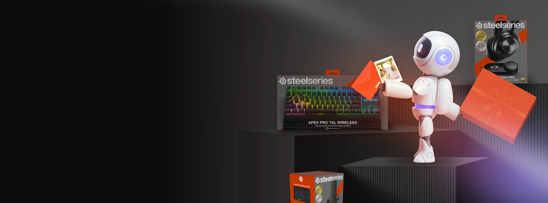 A white robot holding an orange envelope and a gift box, surrounded by SteelSeries gaming gear boxes like the Apex Pro TKL and Arctis Nova Pro on a tiered black platform.