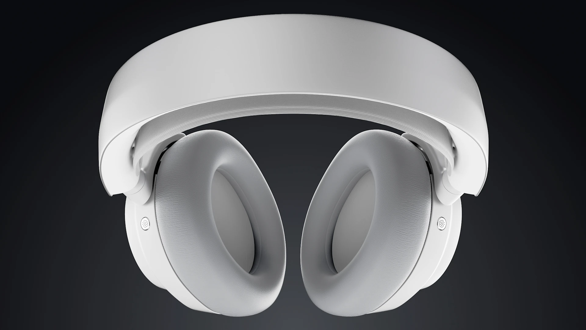 Close-up underside view of white Arctis Nova Pro Wireless headset showing soft oval ear cushions and padded headband.