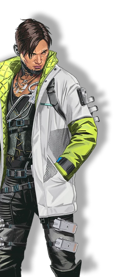 A full-body illustration of the Apex Legends character Crypto, who has dark hair and is wearing a futuristic white and neon-yellow jacket over intricate tactical gear.