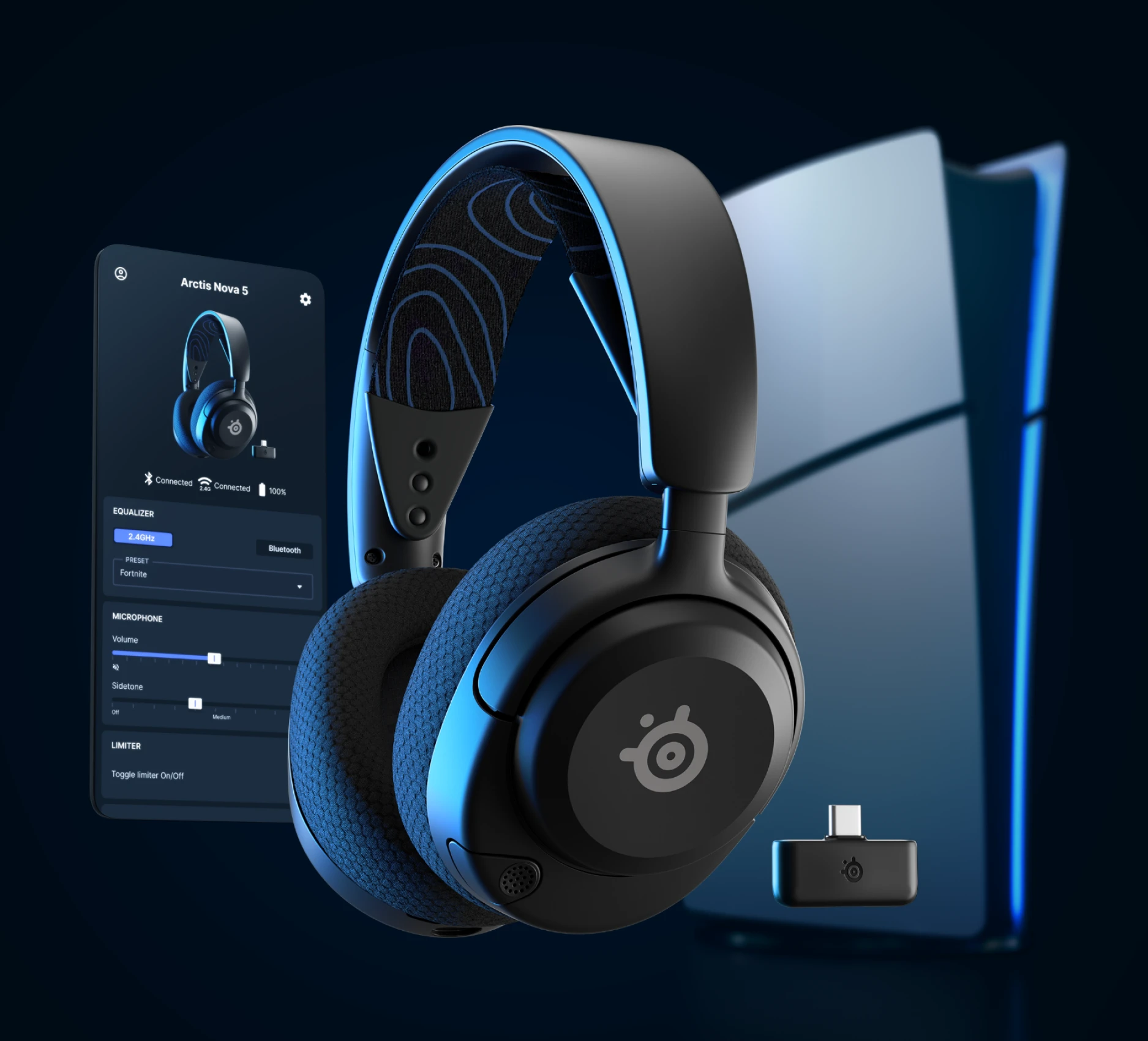 Arctis Nova 5 Black for PlayStation, accompanied by a mobile device with the Arctis Companion app displayed on it