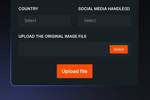 Dark-themed form with Country and Social Media fields. Includes orange buttons to select an original image and a large Upload file button.