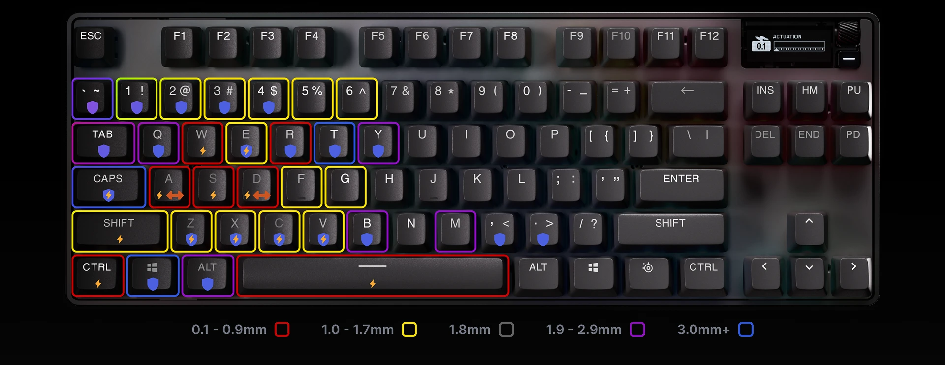 Teclado para juegos SteelSeries Apex Pro TKL Gen 3 con zonas de activación RGB personalizables QuickSet y leyenda de distancia milimétrica.