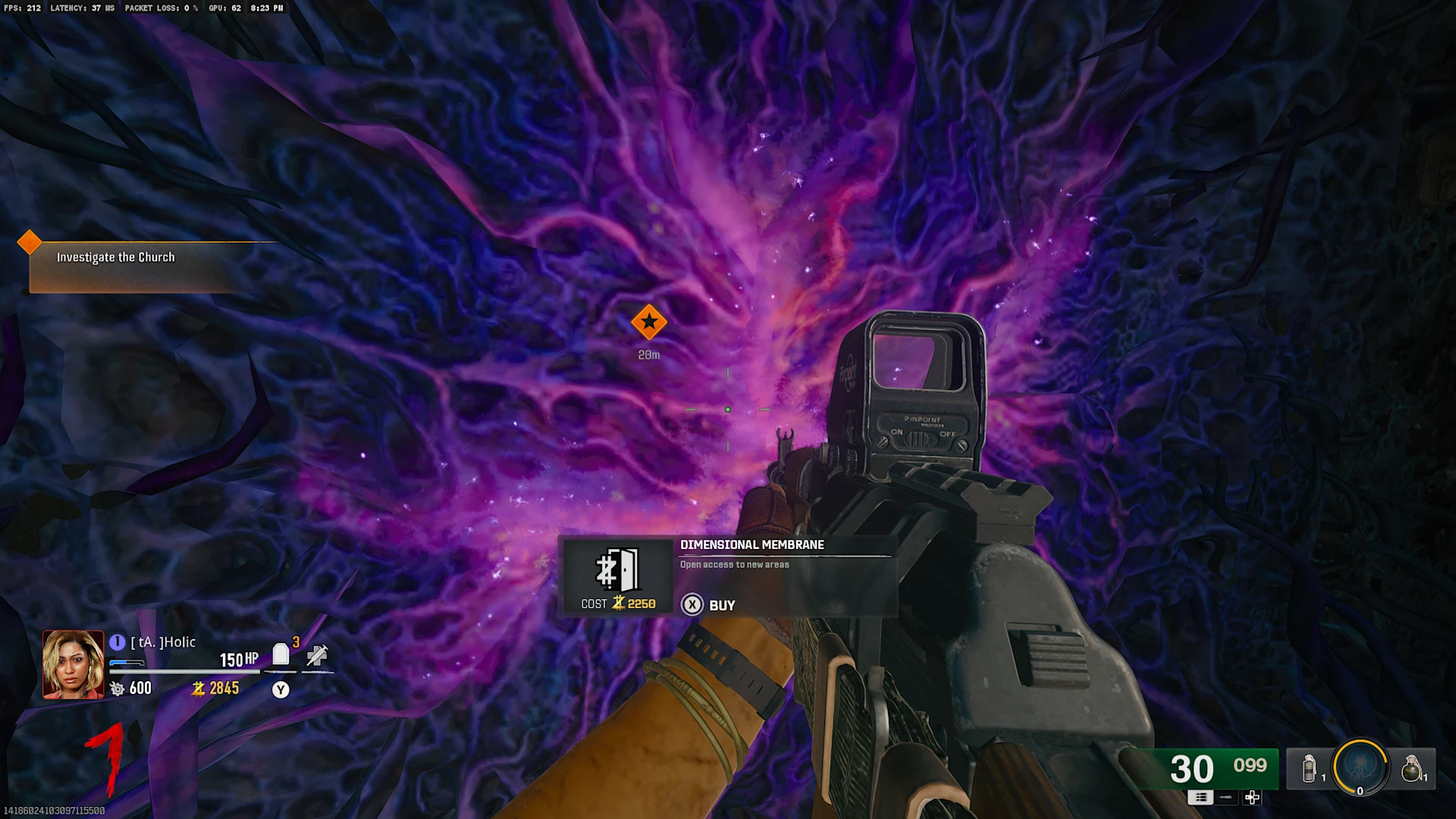 A person firing a gun at a purple mass.