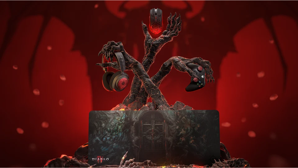 The full SteelSeries x Diablo IV collection styled in an eerie, dark red setting where the products are held by demonic hands. 