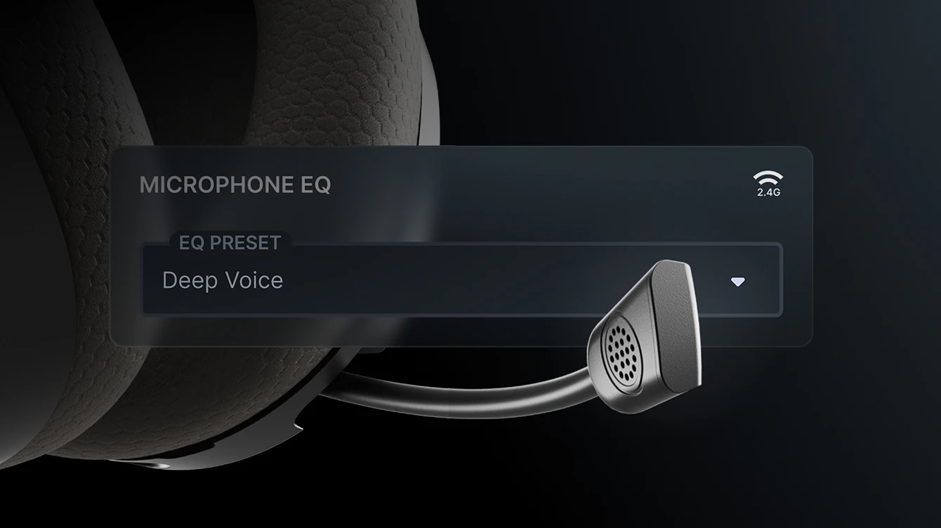 A close-up of a headset microphone with an on-screen menu showing a selected "Deep Voice" microphone EQ preset.