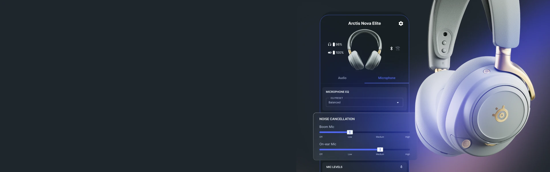 一张手机上显示 Arctis App 用户界面的图片，旁边放置着 Arctis Nova Elite 耳机