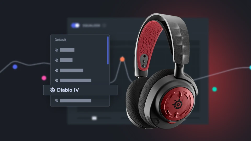 An Arctis Nova 7 Diablo Edition headset with the Sonar preset interface overlayed behind it.