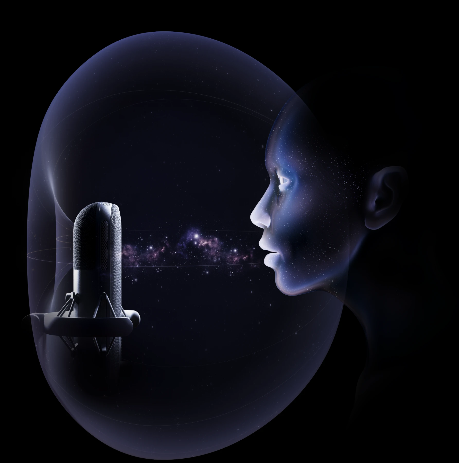 Animatronic person whispering to Alias microphone.