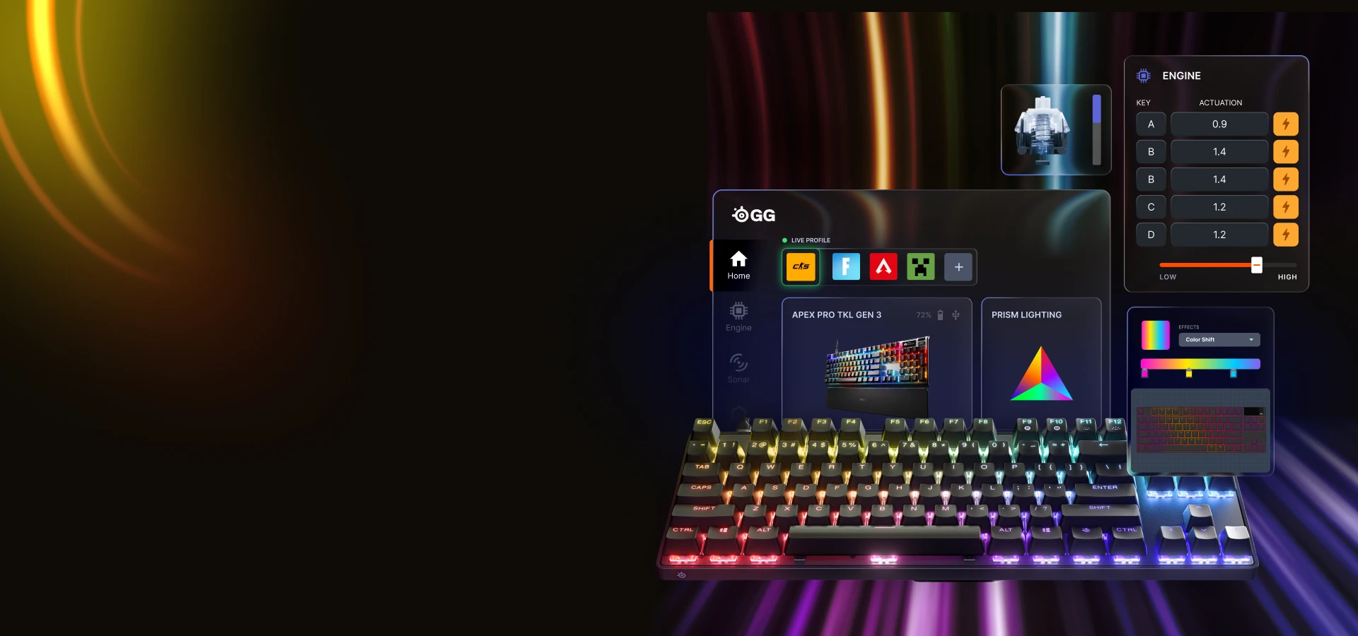An Apex Pro TKL Gen 3 keyboard glows with RGB lighting beneath a digital interface showing SteelSeries GG software, engine actuation settings, and Prism lighting effects.