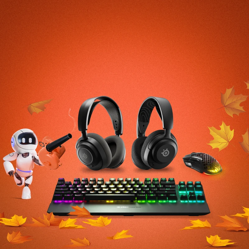 Assorted SteelSeries gear pictured with an autumn background.