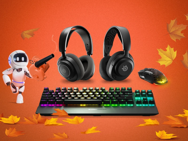 Assortiment de matériel SteelSeries présenté sur un fond aux couleurs de l'automne.