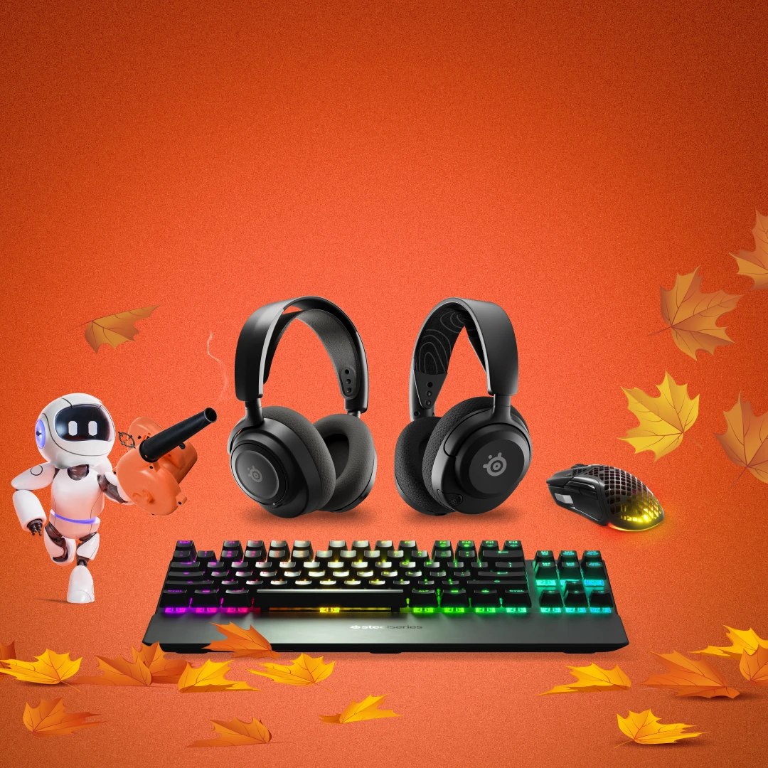 Sonbahar arka planı önünde çeşitli SteelSeries ekipmanlarının resimleri.