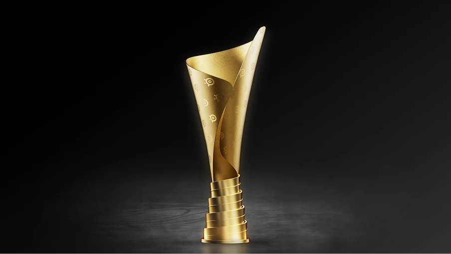 Gold trophy with a spiraled base and repeated brand logos against a dark background.