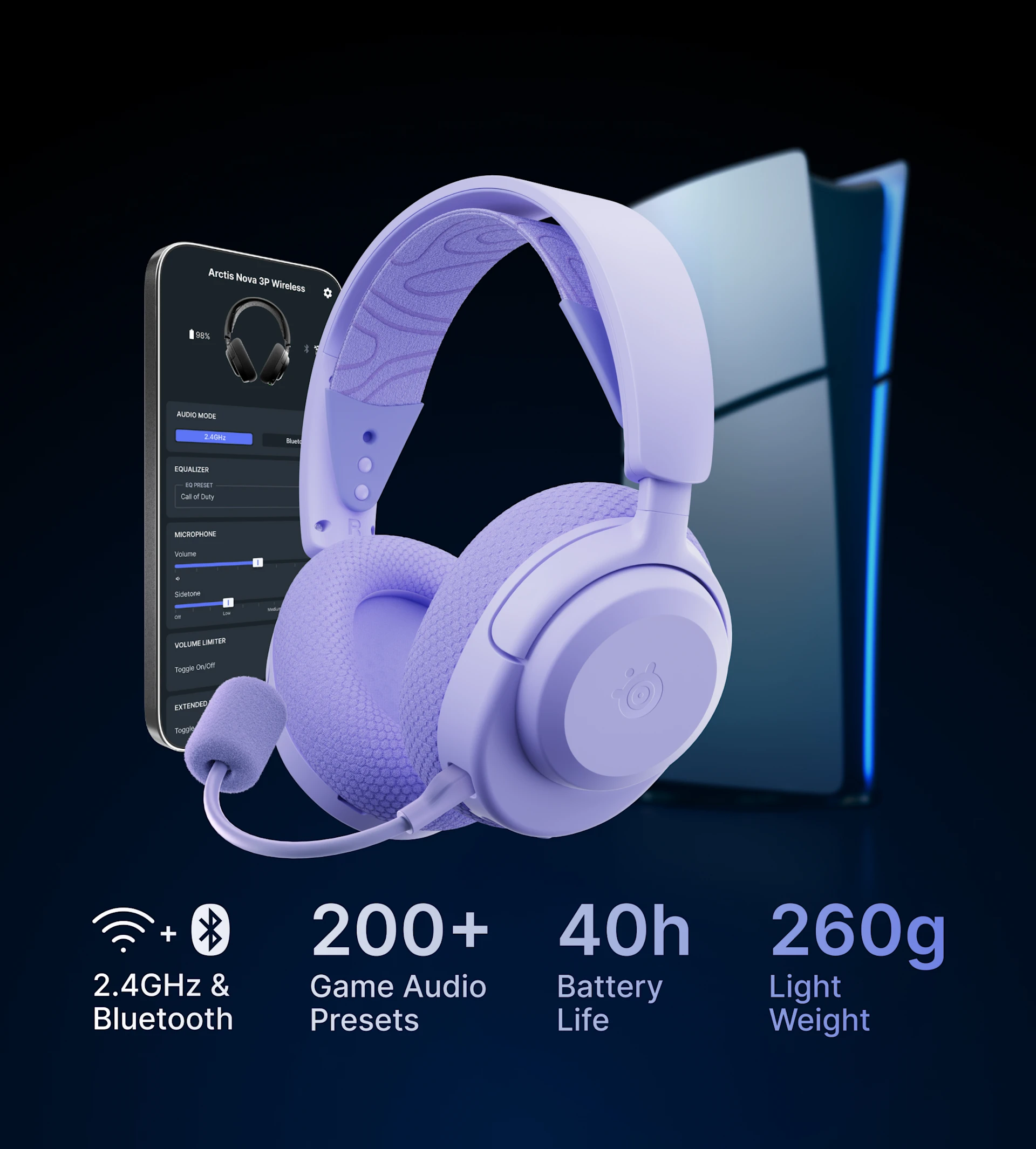 Arctis Nova 3 Wireless surrounded by smartphone and playstation console on a dark background