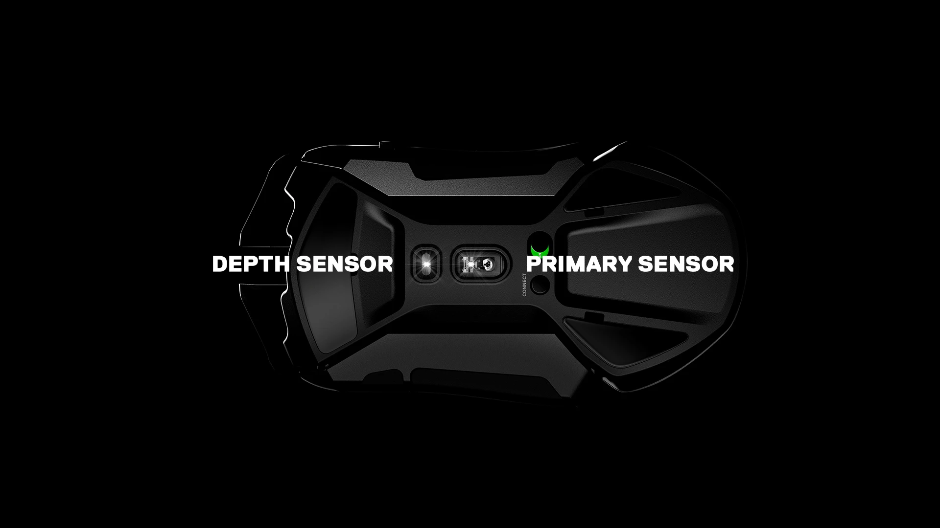 Back of the mouse with blinkin laser sensor with text that reads " depth sensor; primary sensor"