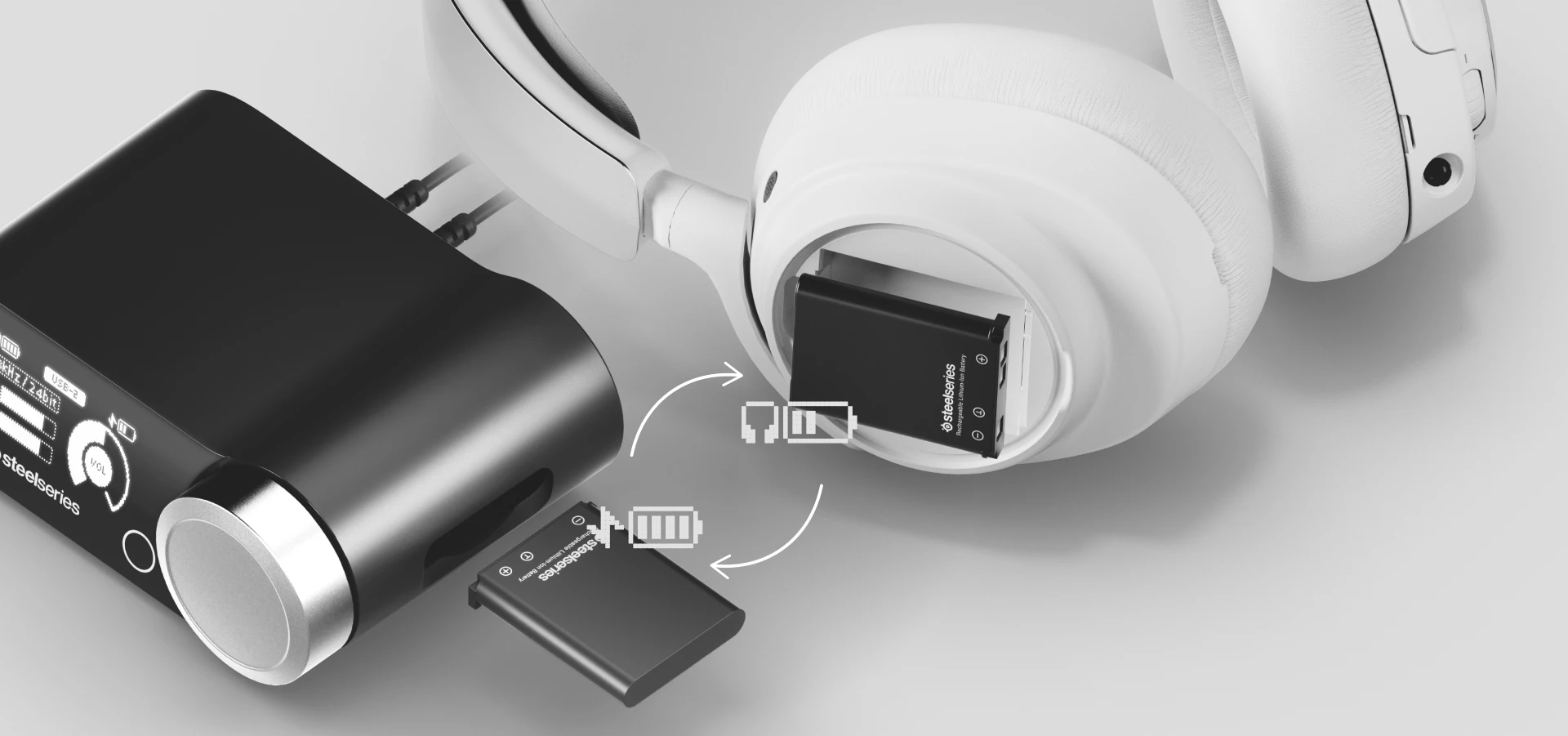 Estación de batería con la batería retirada y los audífonos, con otra batería ligeramente sobresaliente, lo que sugiere un reemplazo rápido.