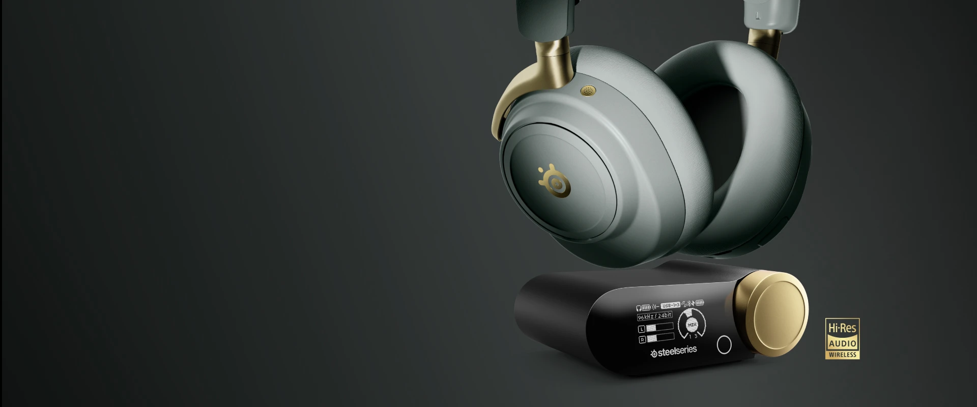 Arctis Nova Elite Sage and Gold with gamedac wth golden bar