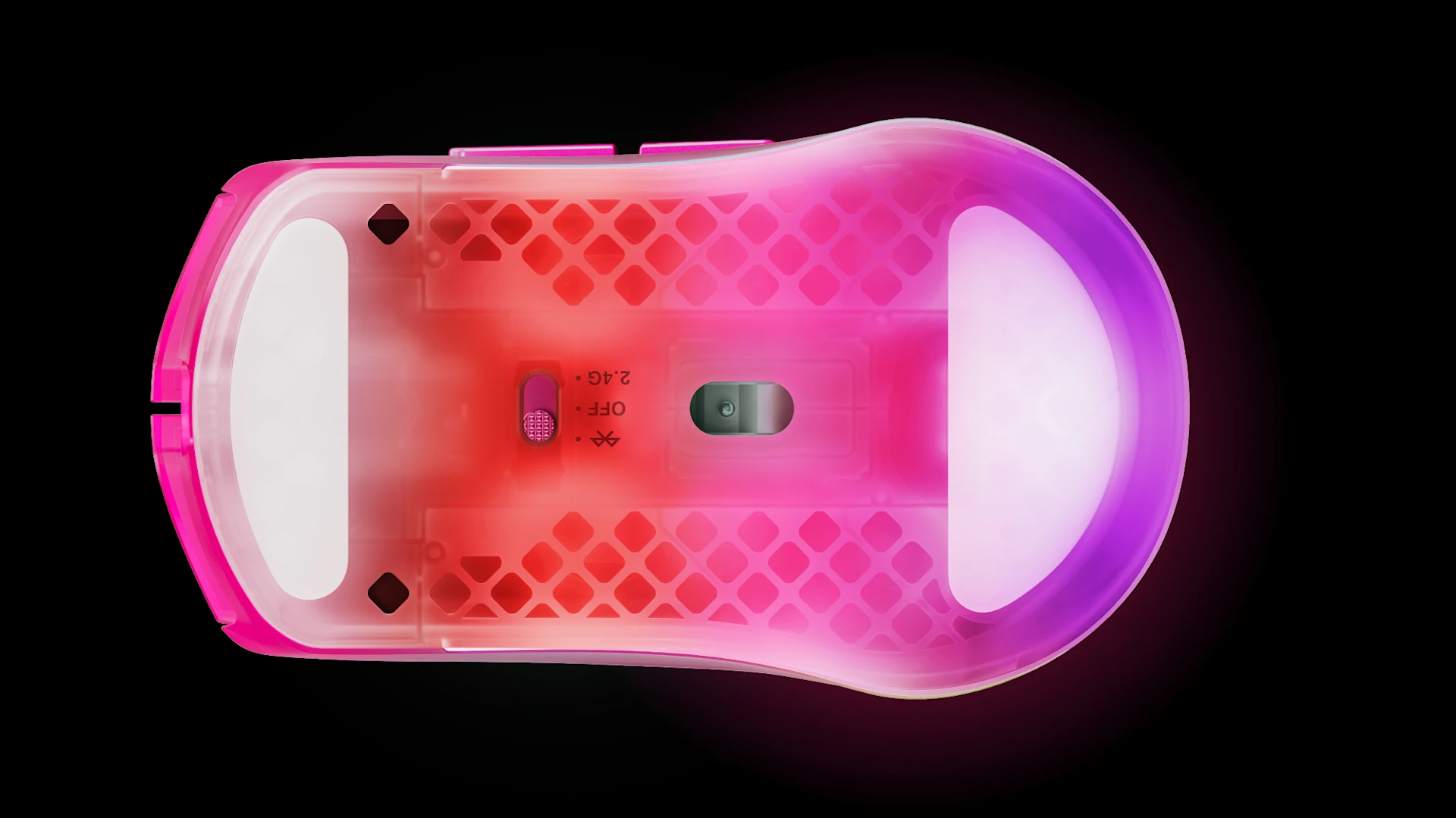 Bottom view of translucent RGB mouse showing sensor, feet, and wireless mode switch.
