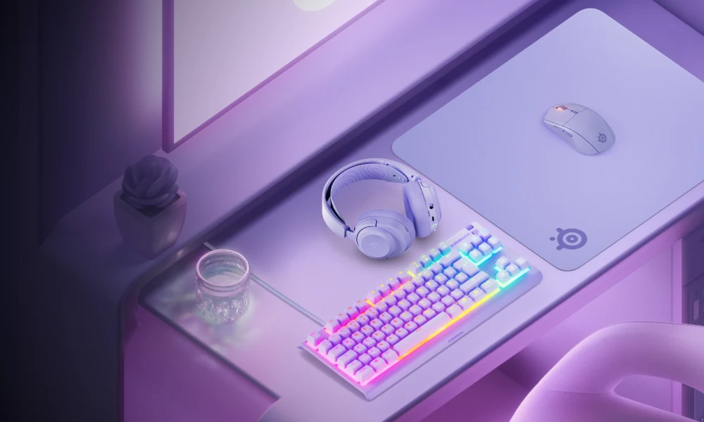 An image of an all lavender SteelSeries gaming setup.