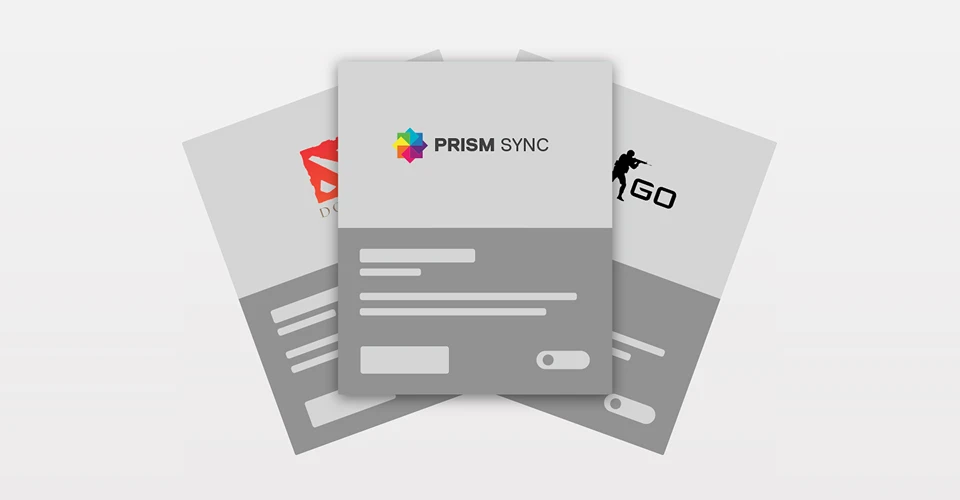 A graphic showing the Prism Sync logo with DOTA 2 and CS:GO game logos in the background, symbolizing RGB lighting synchronization with games.