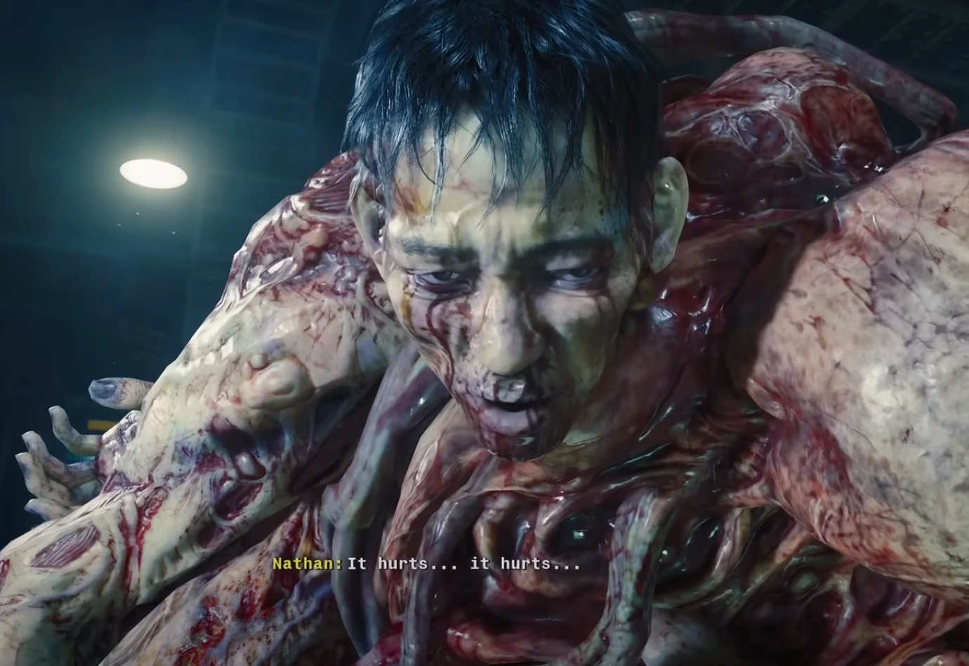Nathan, a character from black ops 6, with his insides ripped out, saying it hurts.